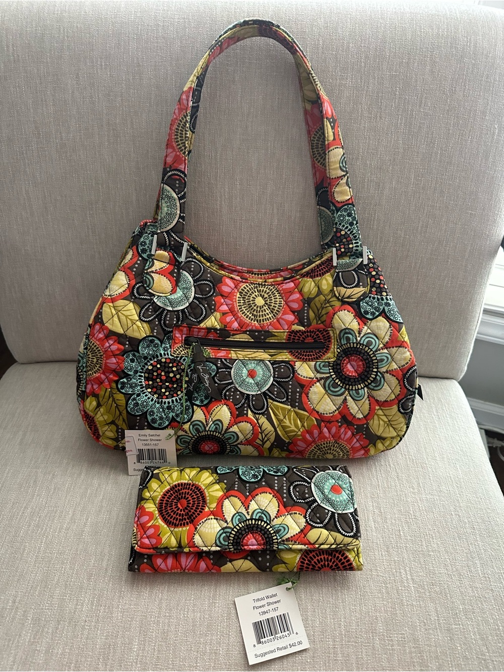 Vera Bradley Emily Satchel Trifold Wallet Set Retired Flower Shower NWT